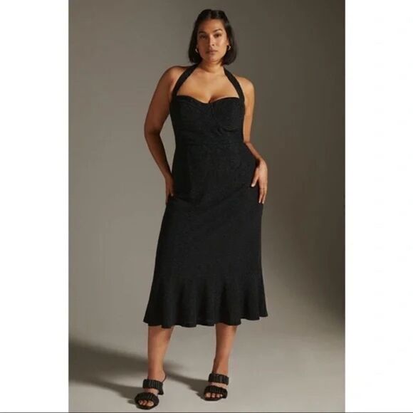 NEW Anthropologie Hutch Black Flirty Halter Corset Ruffle Midi Dress Large - Picture 7 of 9